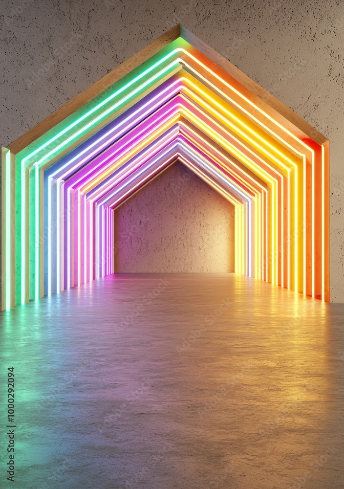 Poster a 3d render of neon lights, a tunnel with triangles, and a geometric background made of abstract sha