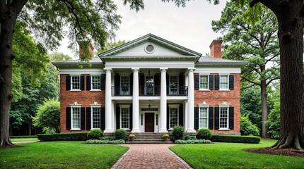 Obraz premium Stately Southern mansion with white columns and red brick exterior, surrounded by lush green landscaping and mature trees, showcasing classic antebellum architecture