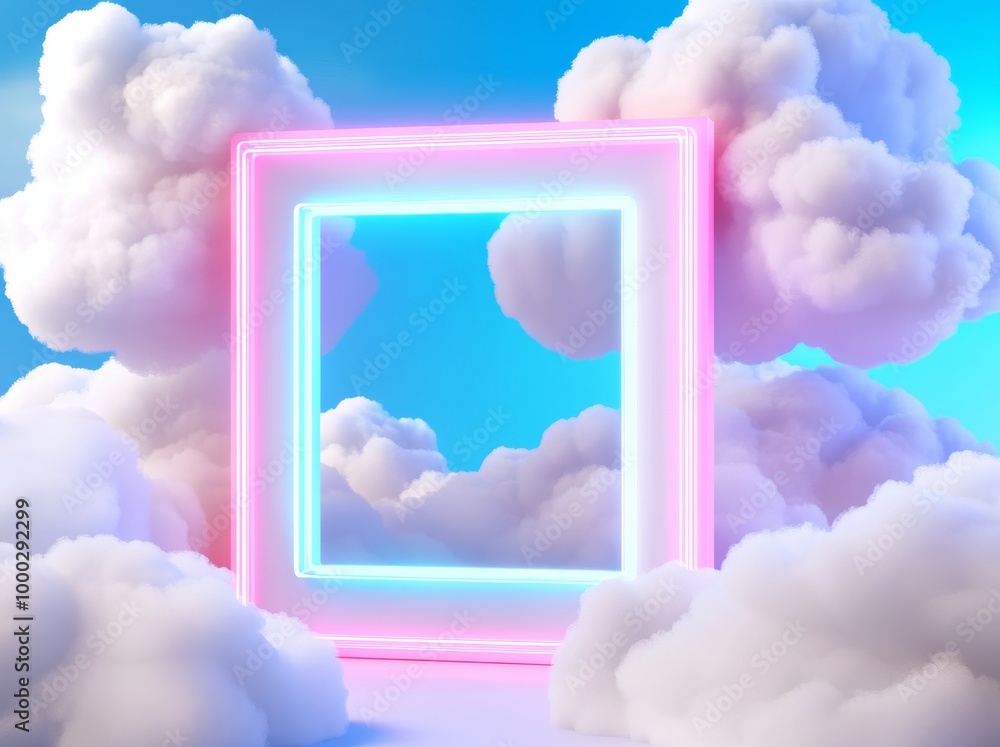 Poster the rendering shows an abstract minimal background, a pink blue neon light square frame with copy sp