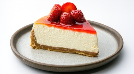 A piece of traditional classic cheesecake with strawberries on white background. Sweet fruit dessert