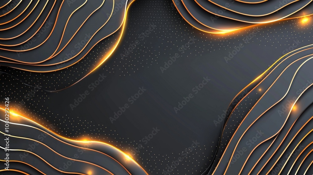 Poster an orange and white flow with liquid lines in a wave shape pattern. black background with colorful m