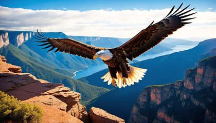 Naklejka premium golden eagle soaring over rocky mountain landscape
