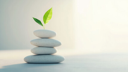 Obraz premium Stacked white stones with a green sprout growing on top, symbolizing balance, growth, tranquility, and harmony in nature, with minimalist background