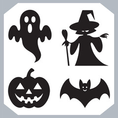 Set of logotype different type of black simple Halloween vector illustration silhouettes in white background, collection of Halloween silhouettes