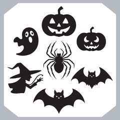 Set of logotype different type of black simple Halloween vector illustration silhouettes in white background, collection of Halloween silhouettes