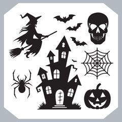 Set of logotype different type of black simple Halloween vector illustration silhouettes in white background, collection of Halloween silhouettes