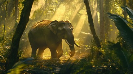 Fototapeta premium An Elephant Walking Through A Sunlit Jungle