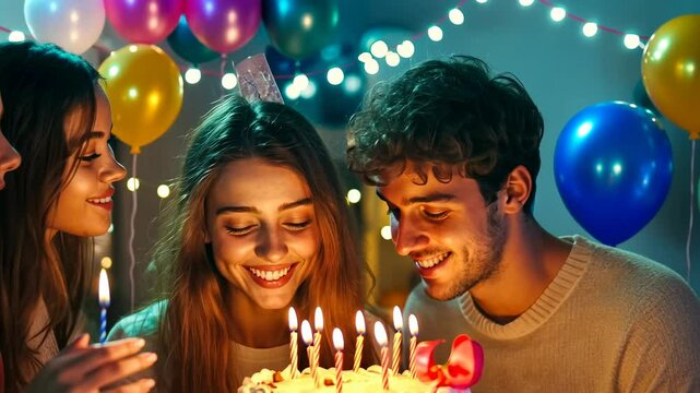 A group of young adults celebrates a birthday in the evening with a cake lit by candles. Two women and one man, likely Caucasian, smile and enjoy the festive atmosphere. Balloons and string lights