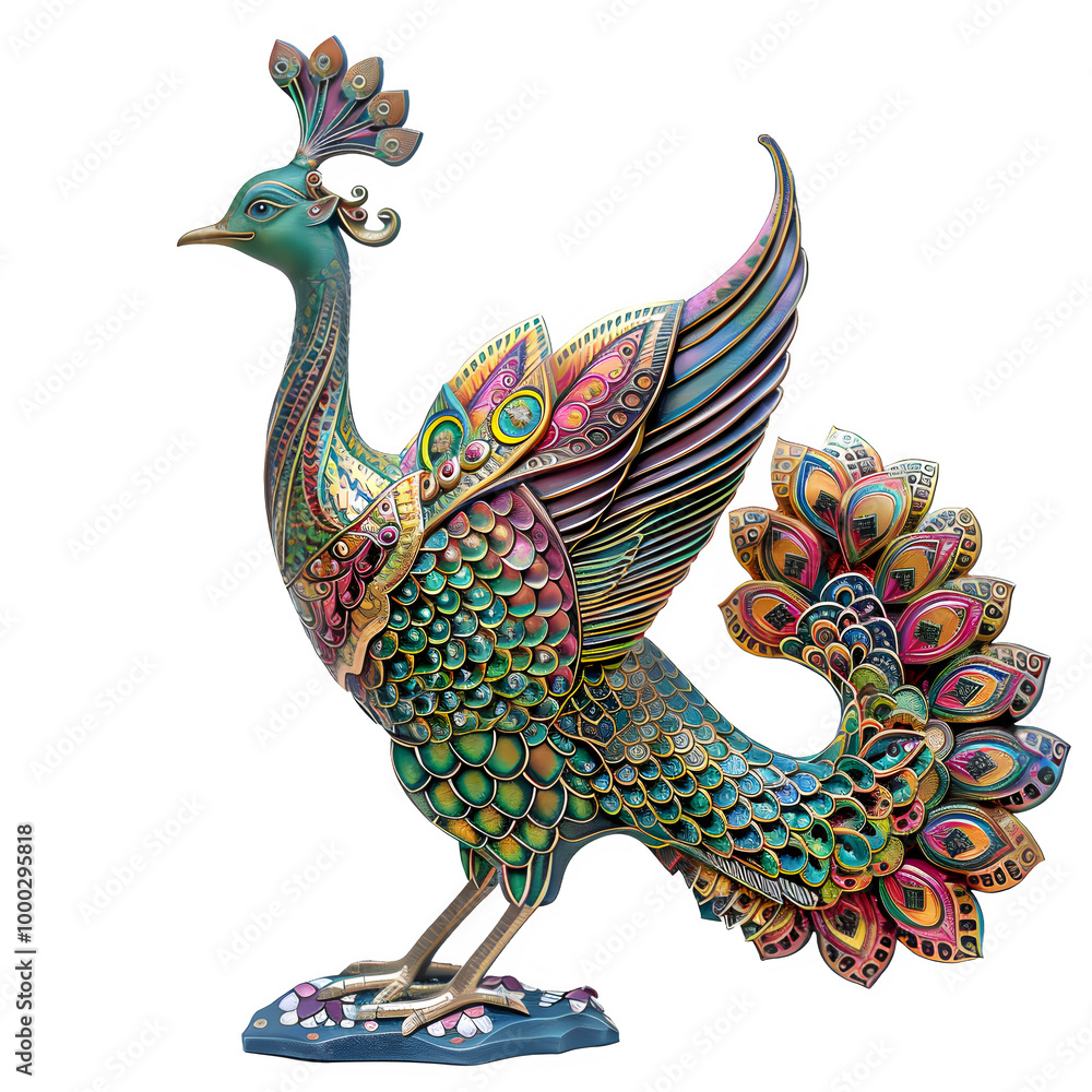 Poster Beautiful peacock sculpture with intricate patterns and bright colors, set against a clear background, ideal for artistic projects and designs