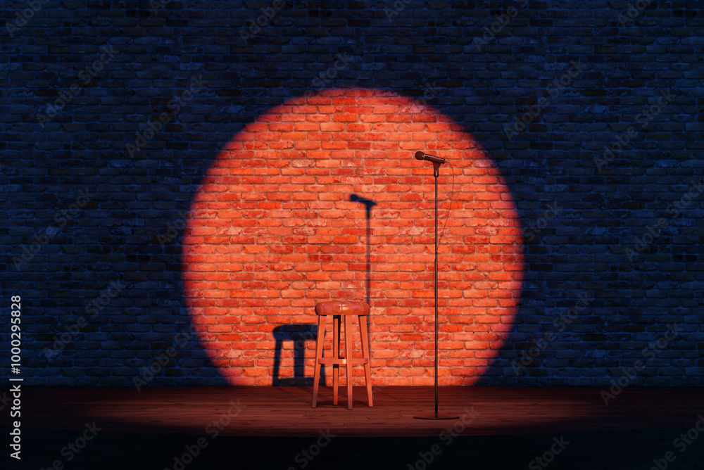 Wall mural empty stand-up stage with a microphone and spotlights. an empty stage with bricks on background
