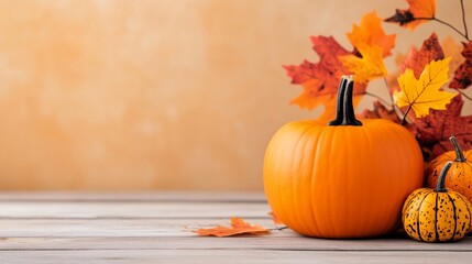 pumpkin and autumn leaves on wooden table