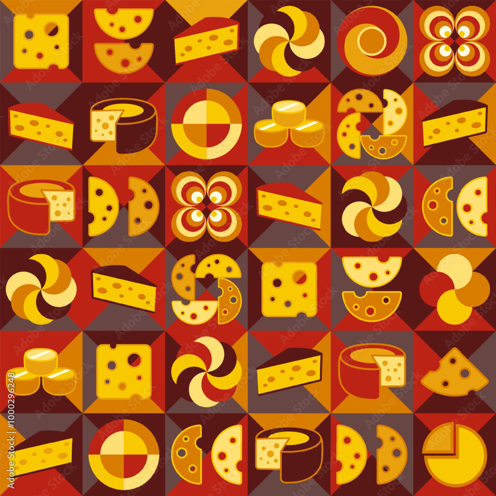 Poster seamless pattern with icons of cheese slices, pieces and wheels, abstract shapes in flat simple geom