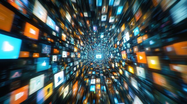 Abstract digital tunnel made up of various social media icons and app logos in a fast-moving, swirling motion. - Powered by Adobe