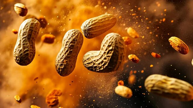 Several peanuts are captured falling in slow motion against a dramatic, explosive background. Earthy tones dominate the scene, creating a dynamic and energetic visual effect.
