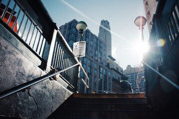 Getting out of subway and picture with buildings on a work day blue newyork winter