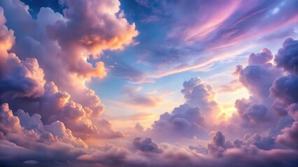 Fluffy Purple and Pink Clouds in the Skyline: Majestic Cloud Formations and Scenic Sky Views for Atmospheric Visuals for Poster and Digital Design Projects
