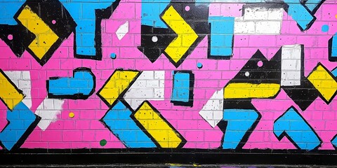 Colorful Geometric Graffiti on Brick Wall with Bold Pink, Yellow, and Blue Shapes