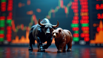 Bull and bear figurines facing off on candlestick chart background representing market dynamics