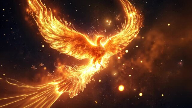 A fiery phoenix soars through a dark, starry sky, its wings ablaze with golden flames