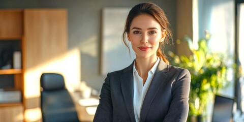 Fototapeta premium A confident businesswoman stands in a modern office, dressed in a tailored suit. The warm sunlight highlights her professionalism and approachability. This image captures a professional atmosphere. AI