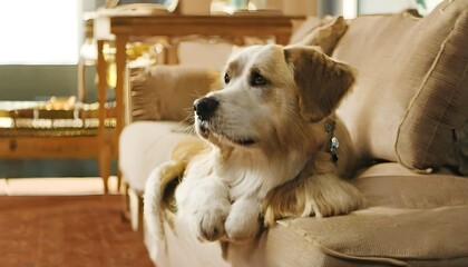 Obraz premium A close up of a cute dog sitting on a sofa