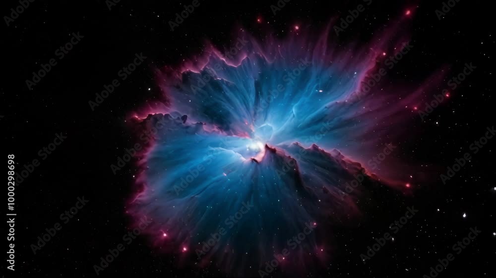 Poster a breathtaking ai-generated image of a nebula bursting with radiant blue and purple hues, set agains