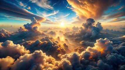 Fluffy Sun Lit Clouds in the Skyline: Majestic Cloud Formations and Scenic Sky Views for Atmospheric Visuals for Poster and Digital Design Projects
