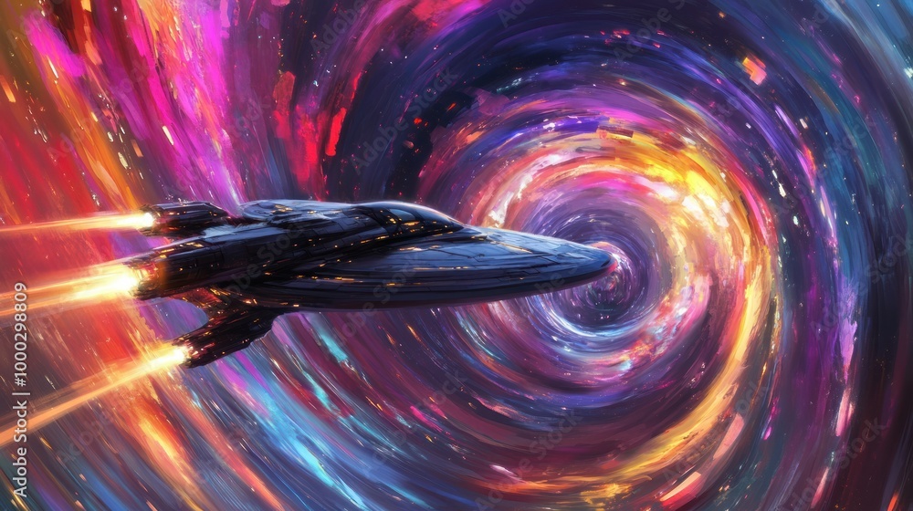 Poster spaceship flying through a colorful vortex
