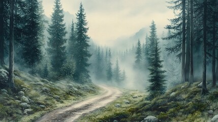 A tranquil forest path meanders through pine trees in the early morning mist, with soft light filtering through the calm, natural landscape.