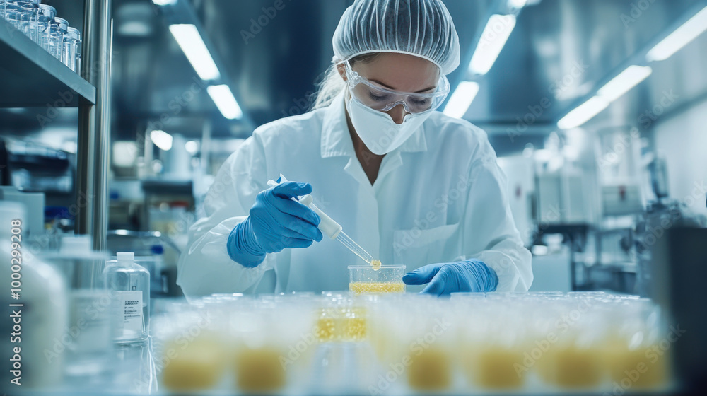 Poster scientist conducting experiments in a laboratory while analyzing samples under bright lighting durin