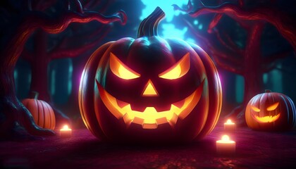 Fototapeta premium Creepy Goblin-Shaped Pumpkin Jack-o'-Lantern in a Dark and Mysterious Scene