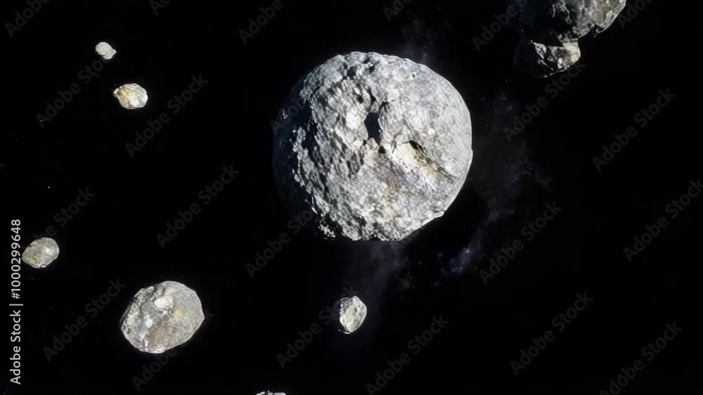 Poster a collection of asteroids floating through space. the asteroids are various sizes and shapes. the ba