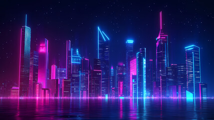 A futuristic city skyline at night with neon 3d glowing lights outlining each building, creating a vibrant and energetic atmosphere. Neon Skyline. Illustration
