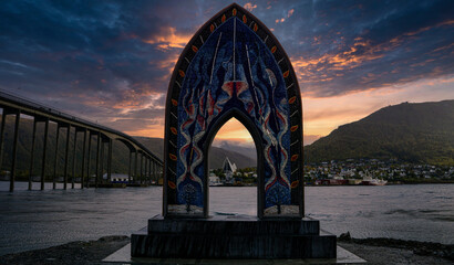 Sunset over Tromsø arc to the arctis attraction in norway