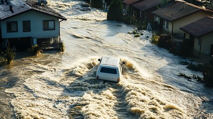 Floodwaters rushing through a residential area, submerging homes and vehicles