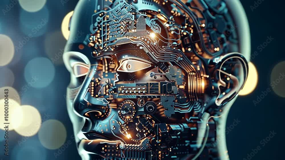 Poster a digital rendering of a robotic head with circuit boards and glowing lights, against a blurred back
