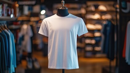 Fototapeta premium Minimalist white t-shirt displayed on a mannequin in a retail store