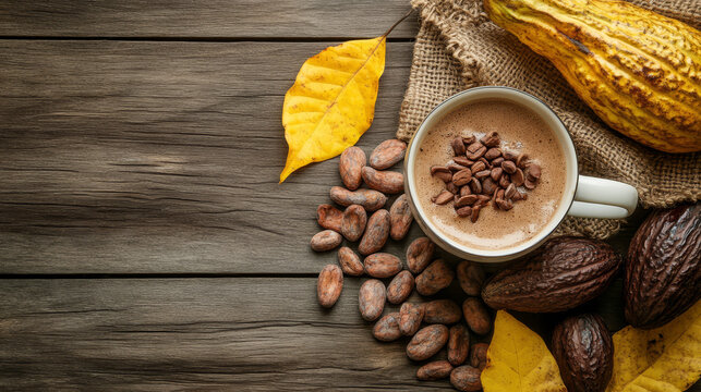 A top view of a cup filled with a rich cacao drink is displayed on a rustic wooden table. Surrounding the cup are fresh cocoa pods and cocoa beans, highlighting the raw materials used to create chocol