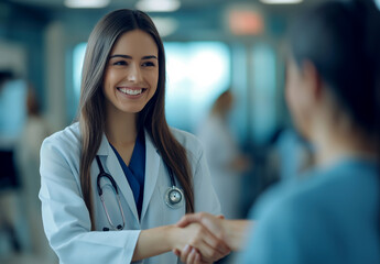 People, doctor and nurse with hand shake at boardroom for welcome and congratulations on internship. Employees, office and happy or smile with greeting for job interview, opportunity and recruitment