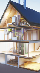 Fototapeta premium Modern House Cross-Section Showing Complex HVAC System, Architectural Visualization