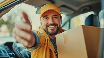 Friendly delivery driver hands over package from car during daylight