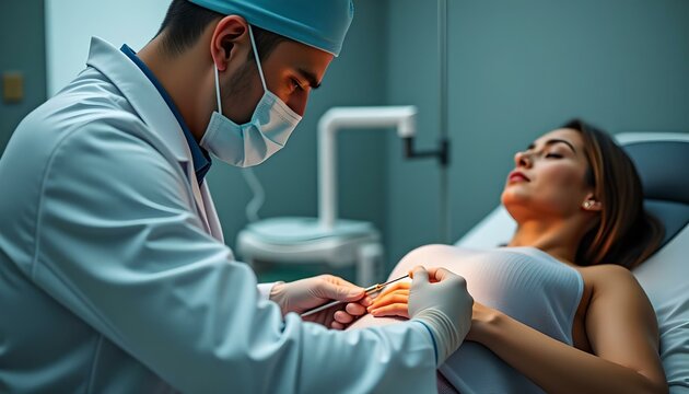 Gynecological Office Scene with Doctor Performing Patient Examination.
