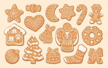 Set of Christmas Gingerbread cookies. Cute winter homemade sweets in festive shapes isolated on ivory background. Vector illustration in flat cartoon style.