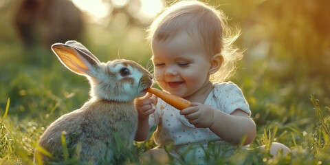 A joyful child interacts with a fluffy rabbit in a sunny outdoor setting. This heartwarming scene captures innocence and connection. Perfect for family and nature themes. AI