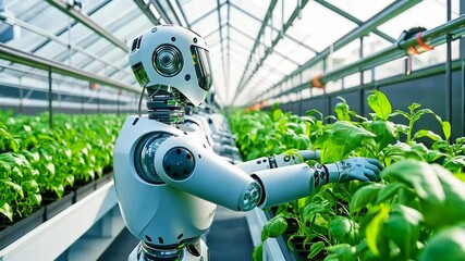 Multiple robots are seen managing and tending to plants inside a spacious, high-tech greenhouse during daytime. The setting is futuristic, emphasizing innovation in agriculture with rows of thriving