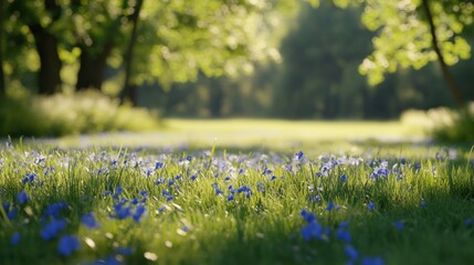 Fototapeta premium A Field of Blue Flowers in a Sunlit Meadow