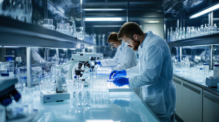 Researchers in a modern laboratory conducting experiments with glassware and microscopes during the day