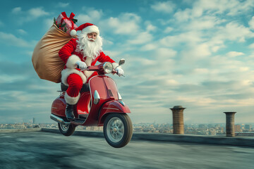 Fashion photo: Santa is riding a motorcycle scooter on roof . Concept Delivery man dressed up to deliver on Christmas Day. Order online.
