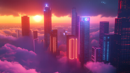 A futuristic city floating above the clouds, glowing neon lights illuminating the skyline camera canon eos lens Neon Skyline. Illustration