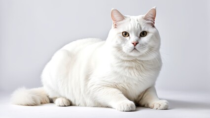 Obraz premium A fluffy white cat lounging gracefully on a light background.